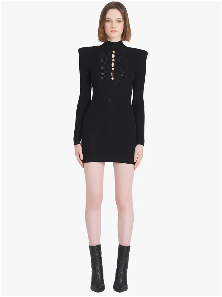 

Spring 2022 new long-sleevedhigh-neck slim-fit shoulderpad dress women's fashion hollow button decoration solid color mini skirt