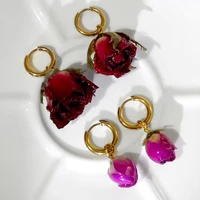 flatfoosie new red pink flower stainless steel earrings for women creative design real flower circle earrings fashion jewelry
