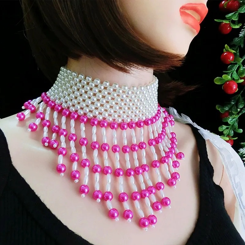 

Pink Black Green Pearl Choker Necklace Geometric Pearl Tassel Fringe Necklace Collar Jewelry Pearl Weaving Bride Party Necklace