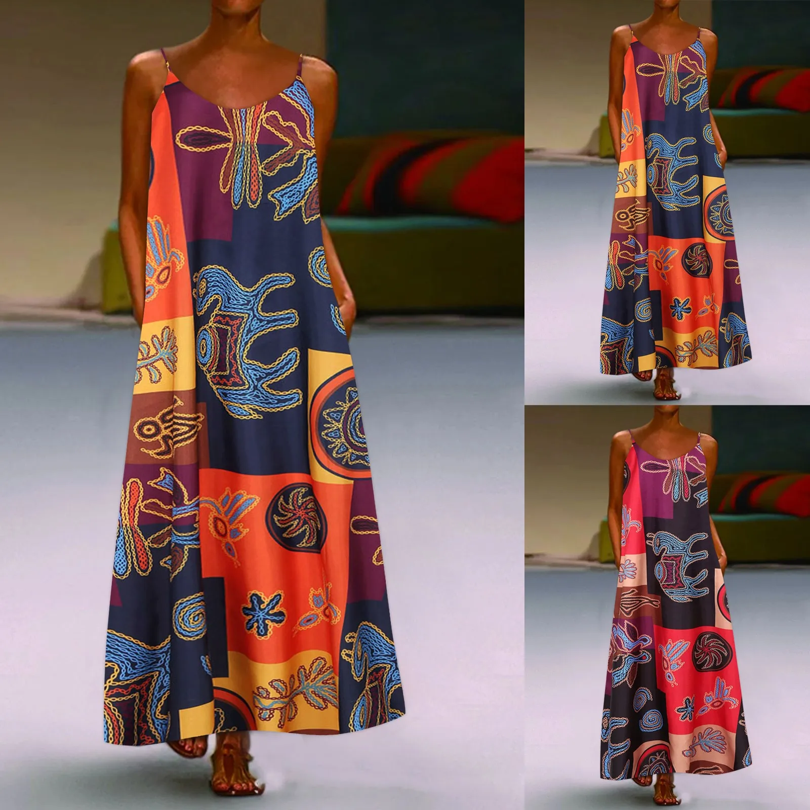 

Women's Summer Fashion Casual Art Print Sleeveless Dress Hillsionly Plus Size Round Neck Sling Long Skirt Dress For Women 2021