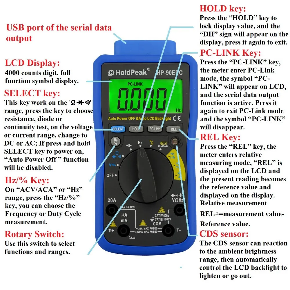 Best HoldPeak HP-90EPC Digital Multimeter USB Temperature Instruments Capacitance Meter Data Hold Multime | Дом и сад