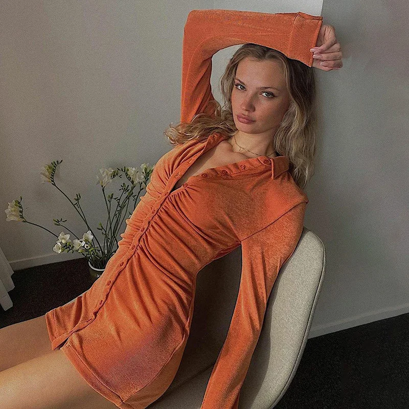 

Sexy Mini Slim Dress Women Green Club Party Dress Turn-Down Collar Button Short Dresses Female Elegant Streetwear Shirt Vestidos