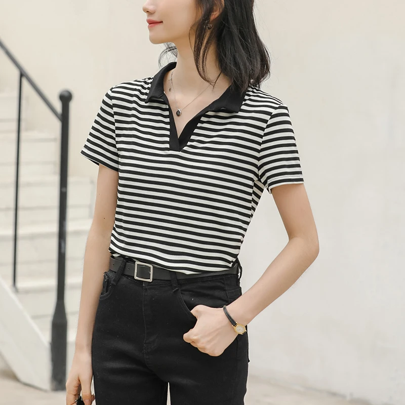 Женская хлопковая рубашка поло с коротким рукавом в полоску|Футболки-поло| |