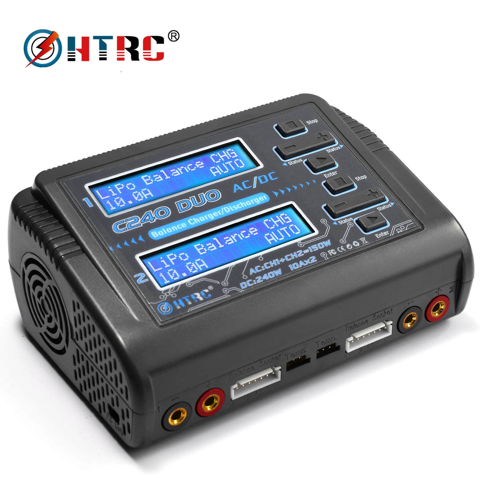 

Зарядное устройство HTRC lipo C240 duo AC/150 Вт DC/240 Вт, Двухканальное разрядное устройство 10 А для LiHV LiFe Lilon NiCd NiMh Pb, балансирующее зарядное устройство