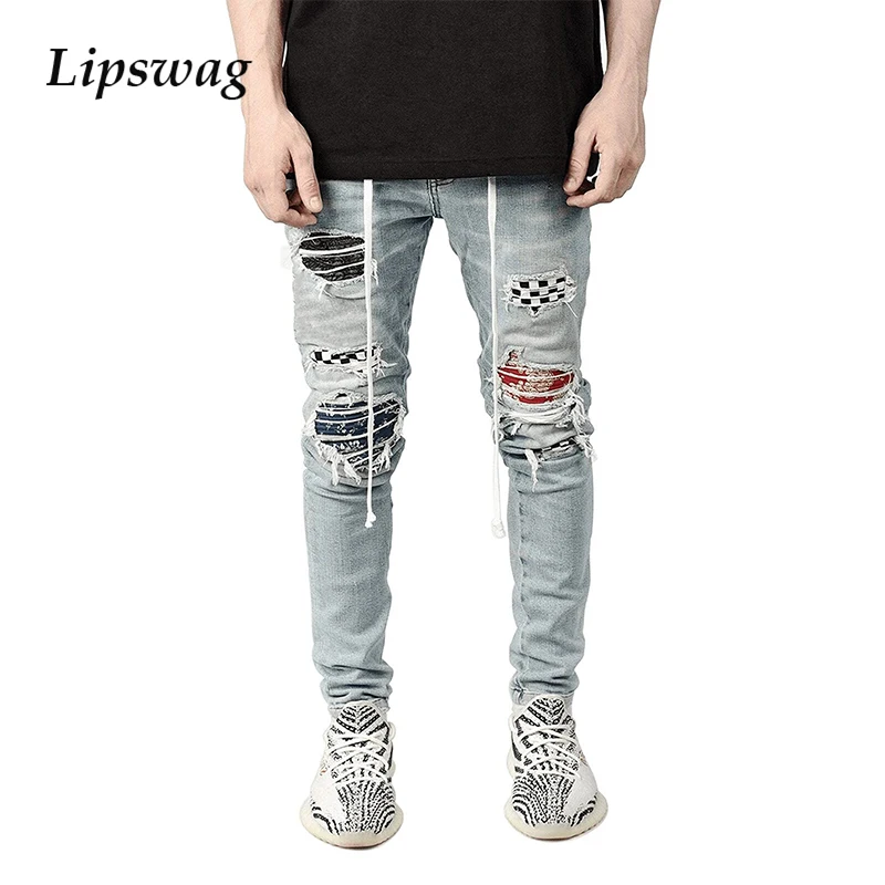 

Vintage Patchwork Embroidered Ripped Jeans For Men Fashion Stretch Jogging Denim Trousers 2021 Hip Hop Mens Skinny Denim Pants