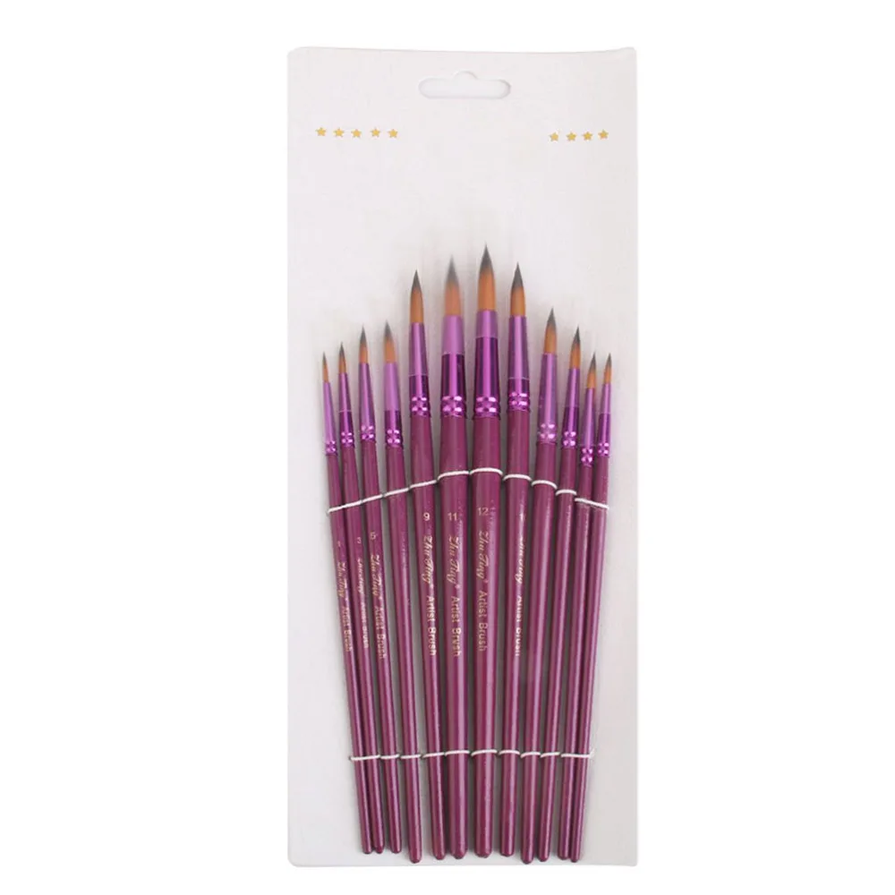 

12 Pcs Round Pointed Tip Nylon Hair Brush Set (Purple)