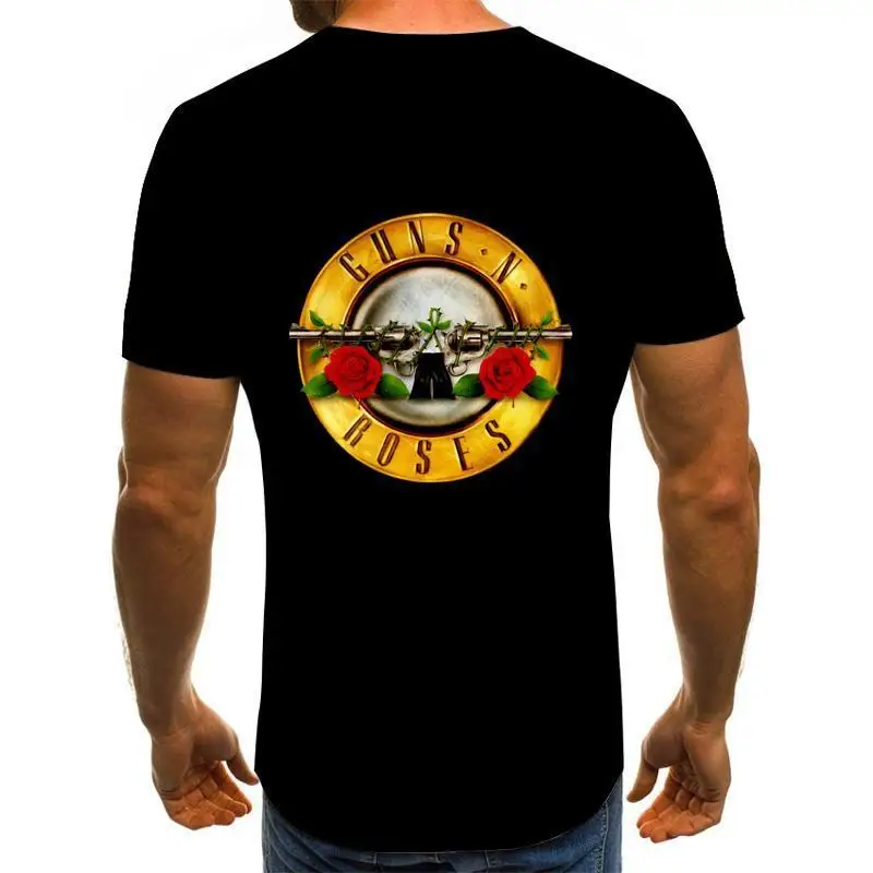 

2021New Fashion Punk T Shirt Guns N Roses T-Shirt Men Black Tshirt Heavy Metal Tops 3D Gun Rose Print Dress Hip Hop Tees