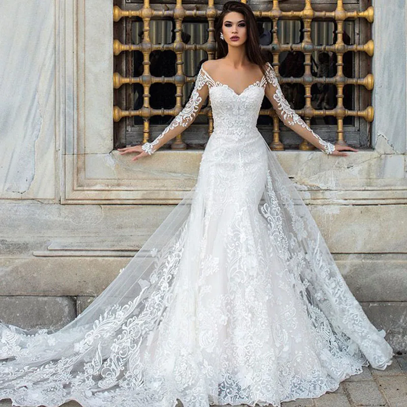 

2019 Appliques Vestido de Noiva Long Sleeve Mermaid Wedding Dresses with Lace Illusion Button Back Custom Made Bride Dress