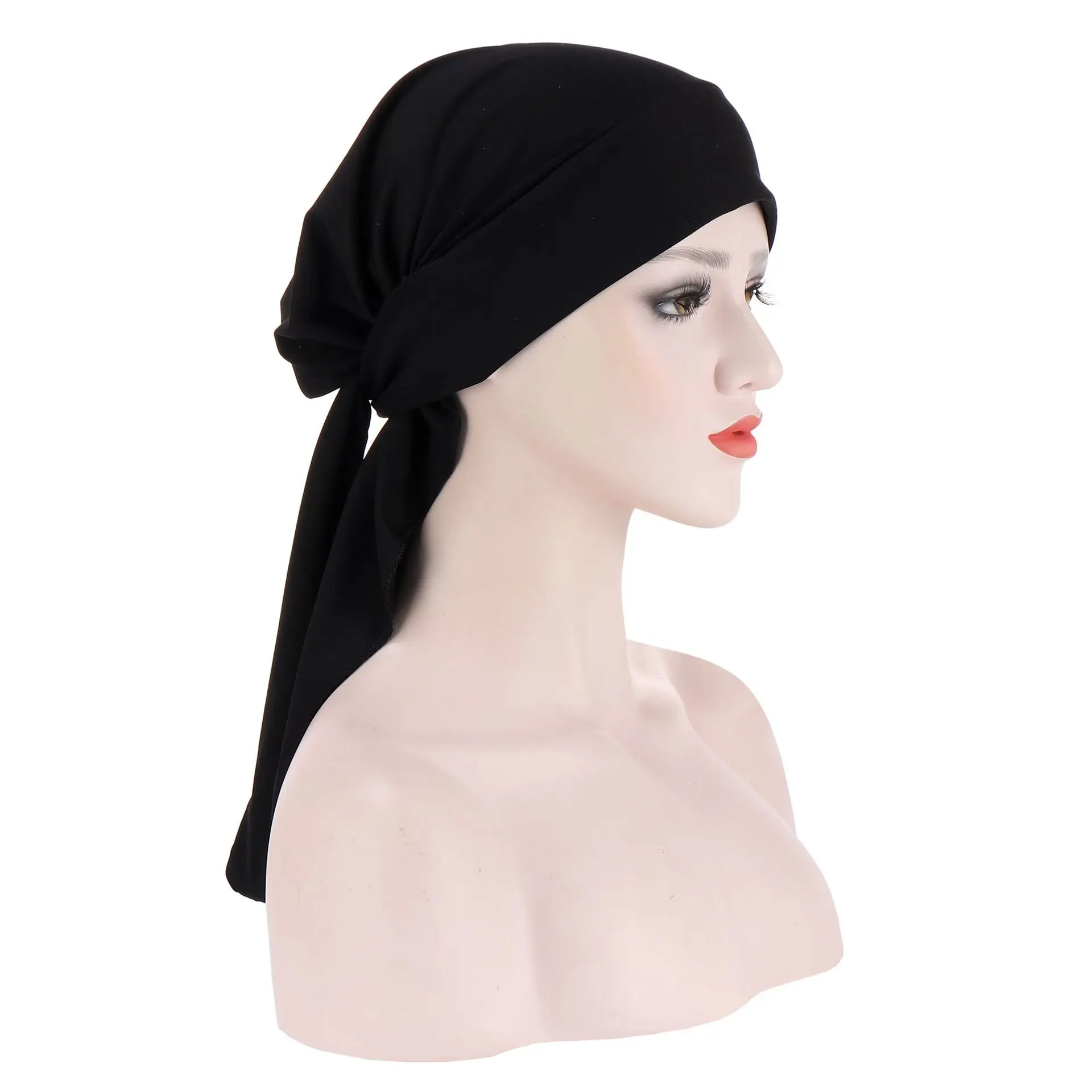 

Fashion new solid color milk silk long tail bow turban hat 6-color chemotherapy hat Muslim ladies bottoming hat Baotou hat Hijab
