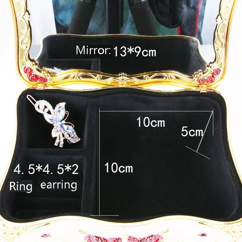 Luxury Vintage Rectangle Metal Rose flower Jewelry Box Trinket Organizer Storage Box with Butterfly Pattern for Women Girls