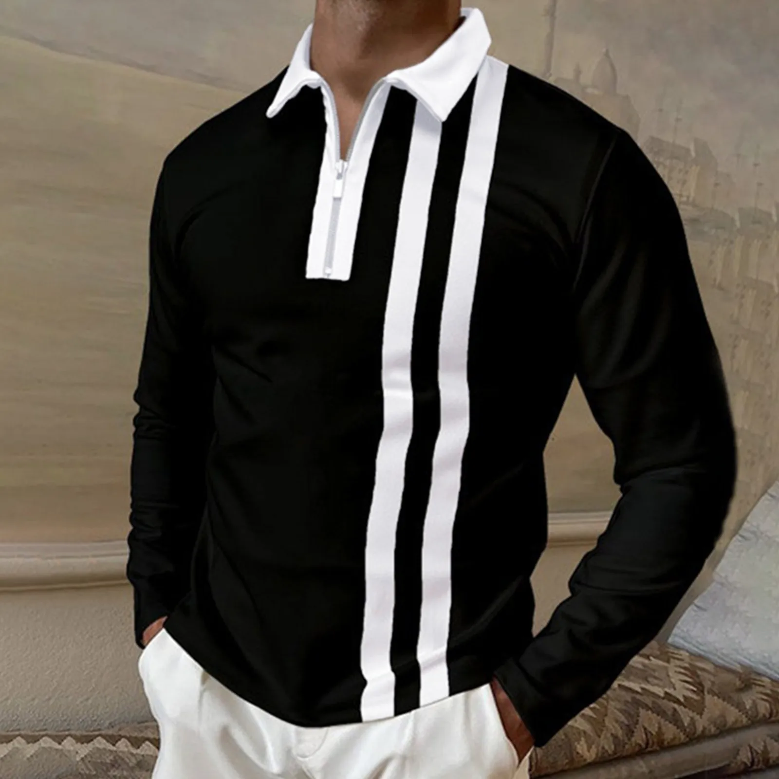 

2021 Autumn New Men Polo Shirts Casual Fashion Long Sleeve Polos Turn-down Collar Zippers Striped Tees Patchwork Mens Shirts
