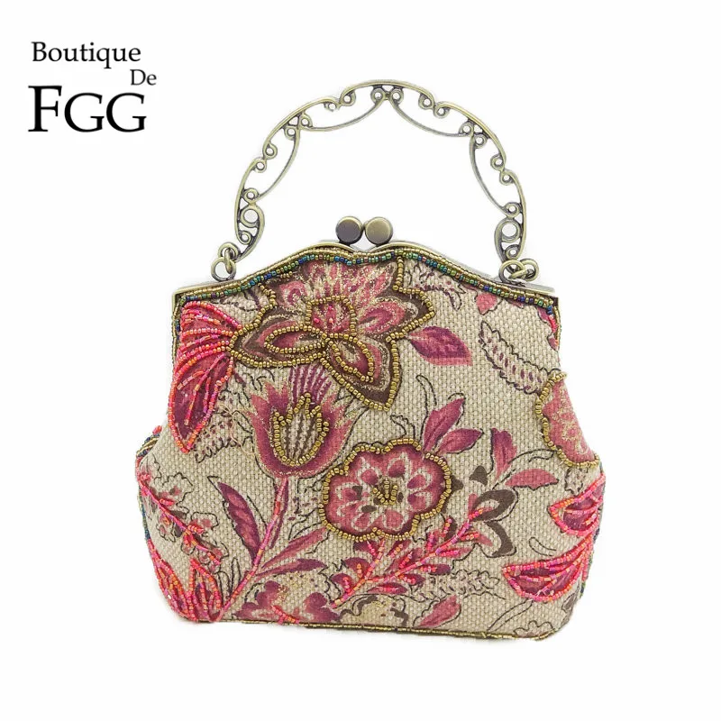 

Boutique De FGG Chinese Style Embroidery Floral Women Beaded Evening Purse Bridal Flower Clutch Bag Wedding Party Frame Handbag