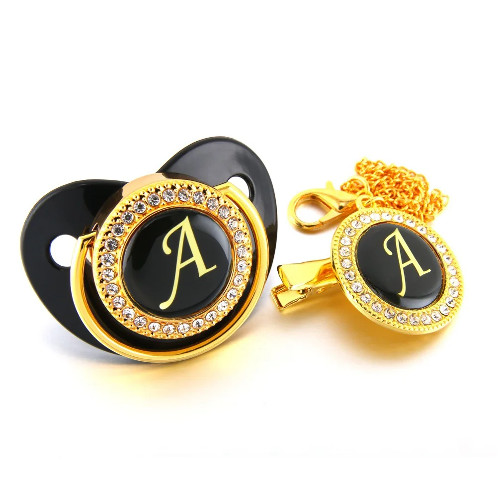

Luxury Black Bling Baby Pacifier And Clip Alphabet Infant Pacifier Feeder Gold Letter Unique 26 Name Initials Baby Shower Gift