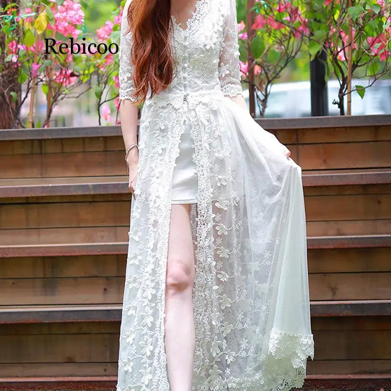 

2019 Summer white Embroidery Lace Screen yarn Long V-collar Forking Elbow sleeve Women beach style Dress
