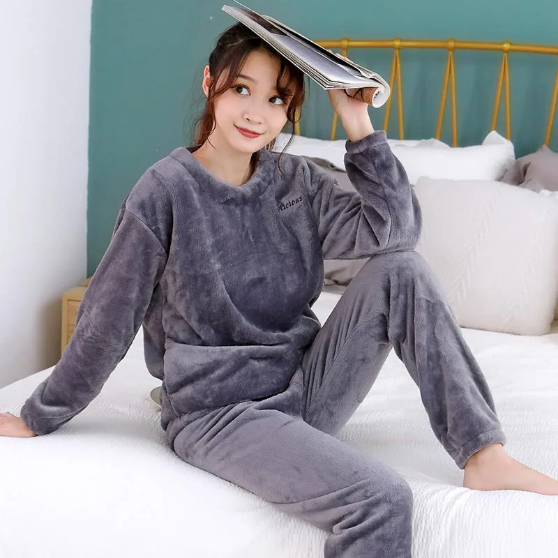 dark grey pajamas Теплые зимние женские пижамы, 2 предмета, Повседневная Свободная пижама с длинными рукавами и штаны, фланелевые пижамы, комплект домашней одежды, одежда для сна - Цвет: dark grey pajamas