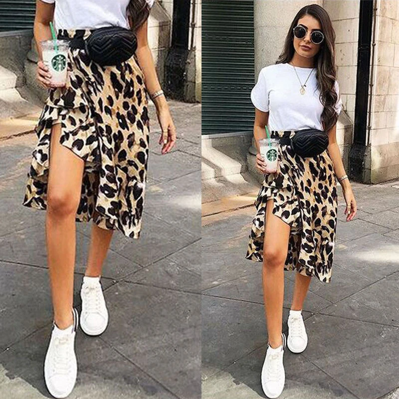 

1PC Women Skirt Hot Fashion Women Leopard Print High Waist Skirt Ladies Evening Party Mini Skirts Lace Up Ruffles Pencil Skirts