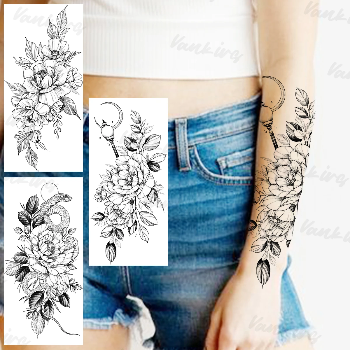

Big Magic Wand Flower Temporary Tattoos For Women Adults Realistic Dahlia Snake Fake Tattoo Sticker Forearm Waterproof Tatoos