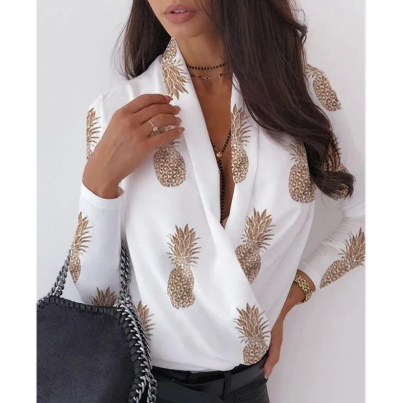 Блузка женская шифоновая с белыми буквами и принтом ананасов весна 2020|Блузки| |
