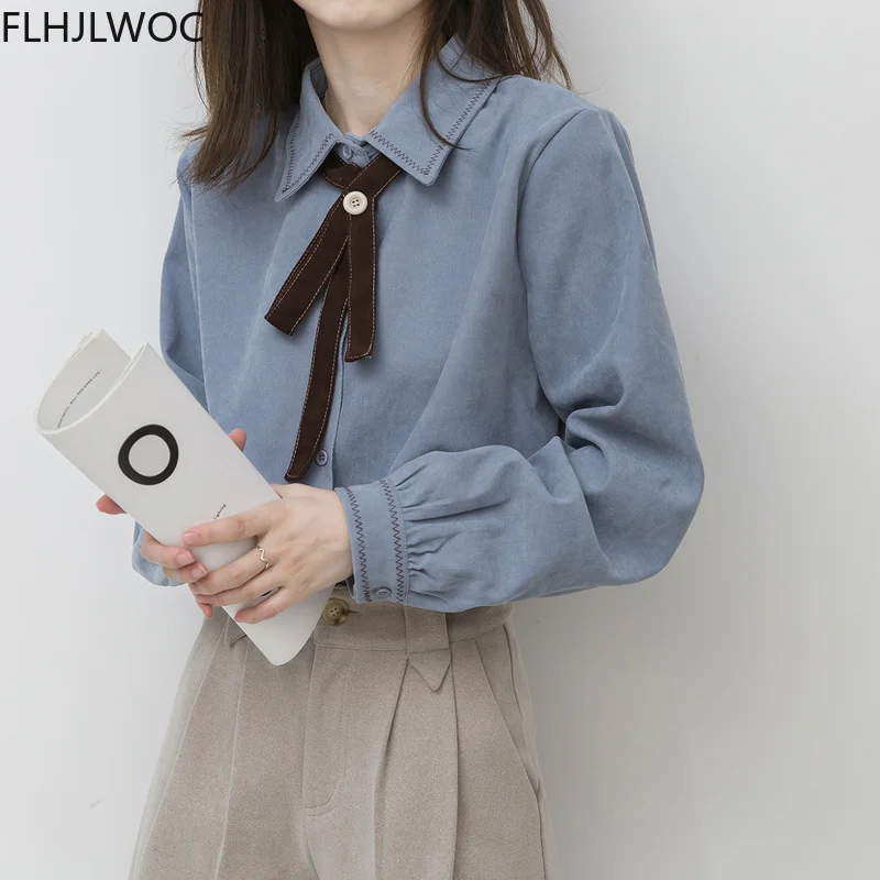 

2021 Spring Women's Chic Cute Bow TIe Tops Preppy Style Vintage Japaneses Korea Design Button Elegant Formal Shirts Blouses
