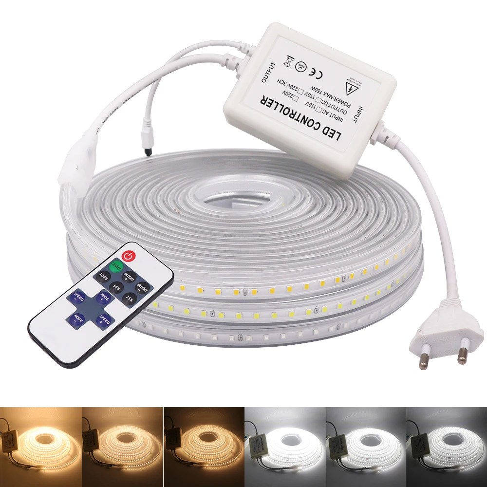 

220V 110V Flexible LED Tape 2835 120LEDs/M LED Strip Light with Dimmer Waterproof Ribbon Stripe Light for Home Decor EU US UK AU