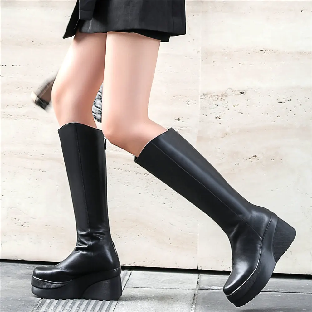 

Thigh High Fashion Sneakers Women Genuine Leather Wedges High Heel Round Toe Motorcycle Boots Female Chunky Platform Pumps Shoes