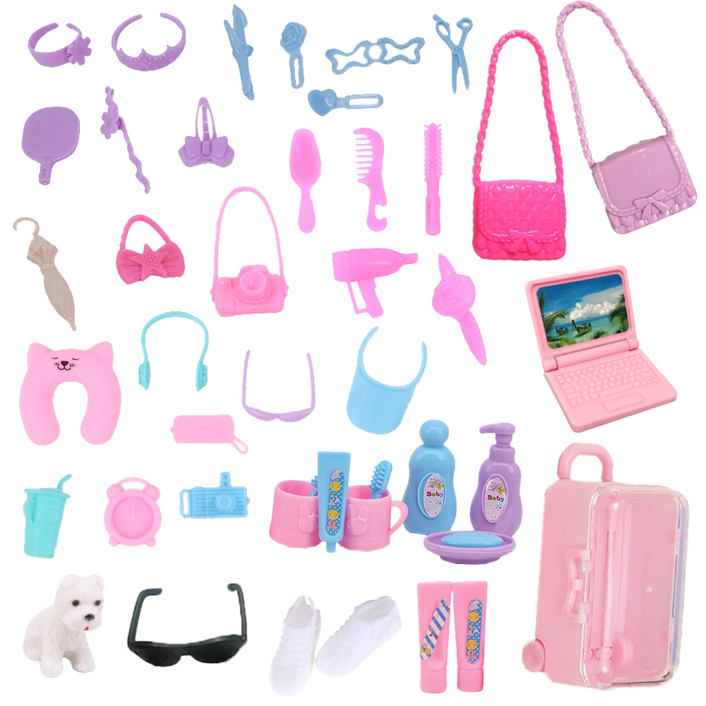 

44PCS/Set Travel Beach Fashion Accessories For Barbies Dolls Cute Shoes Suitcase Laptop Fit 11.8 Inch Barbies Doll,30cm BJD Doll