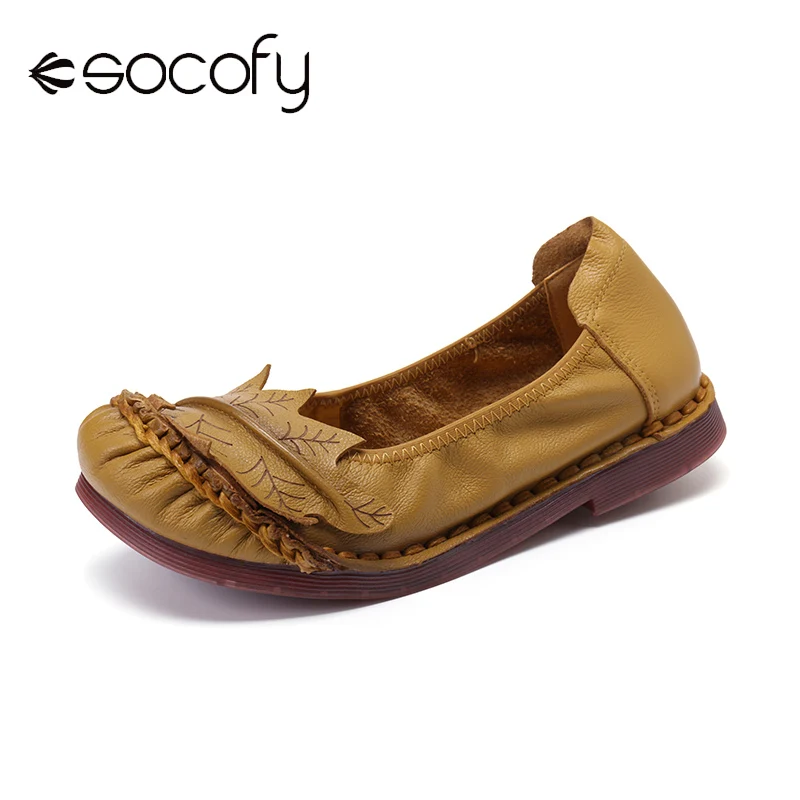 

SOCOFY Women Shoes Retro Ethnic Flowers Decor Stitching Cowhide Leather Comfy Soft Sole Casual Slip-on Flat Shoes Fashion 2020