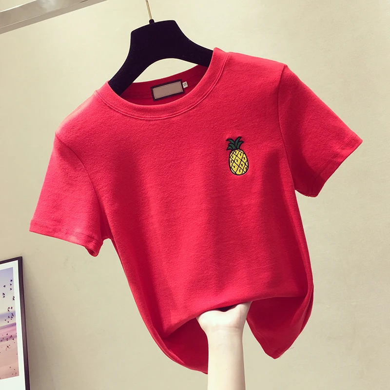 Женская футболка из хлопка повседневная трикотажная с коротким рукавом вышивкой