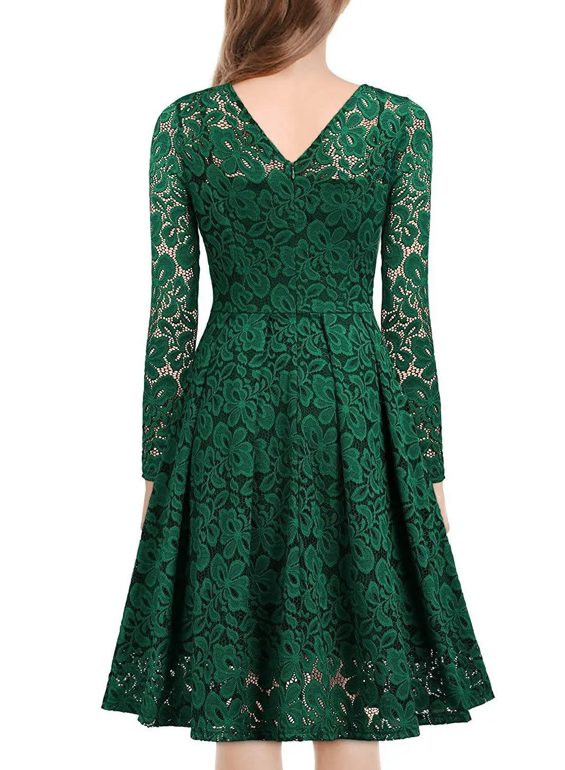 

Plus Size Big Hem Women Dress Elegant Lady V-Neck Lace Printing See Through Long Sleeve Autumn Pleated Knee Length Party Dresses