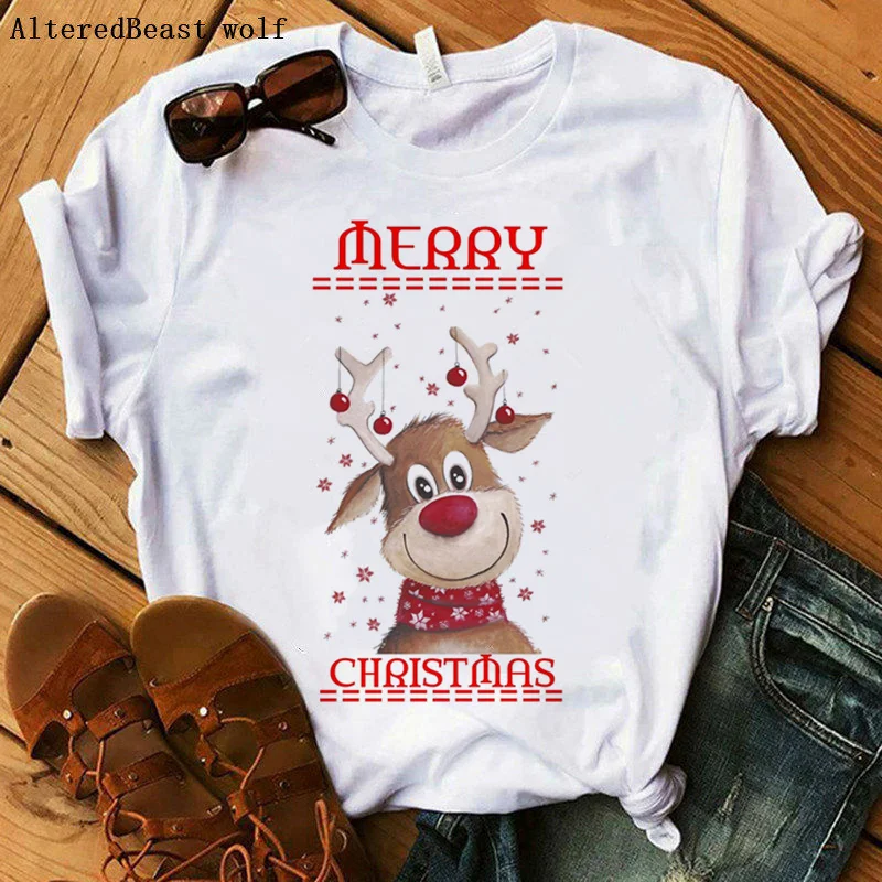 

Christmas reindeer Mom t shirt women fashion Christmas Harajuku Short Sleeve graphic t-shirt White Tshirt Tops clothes