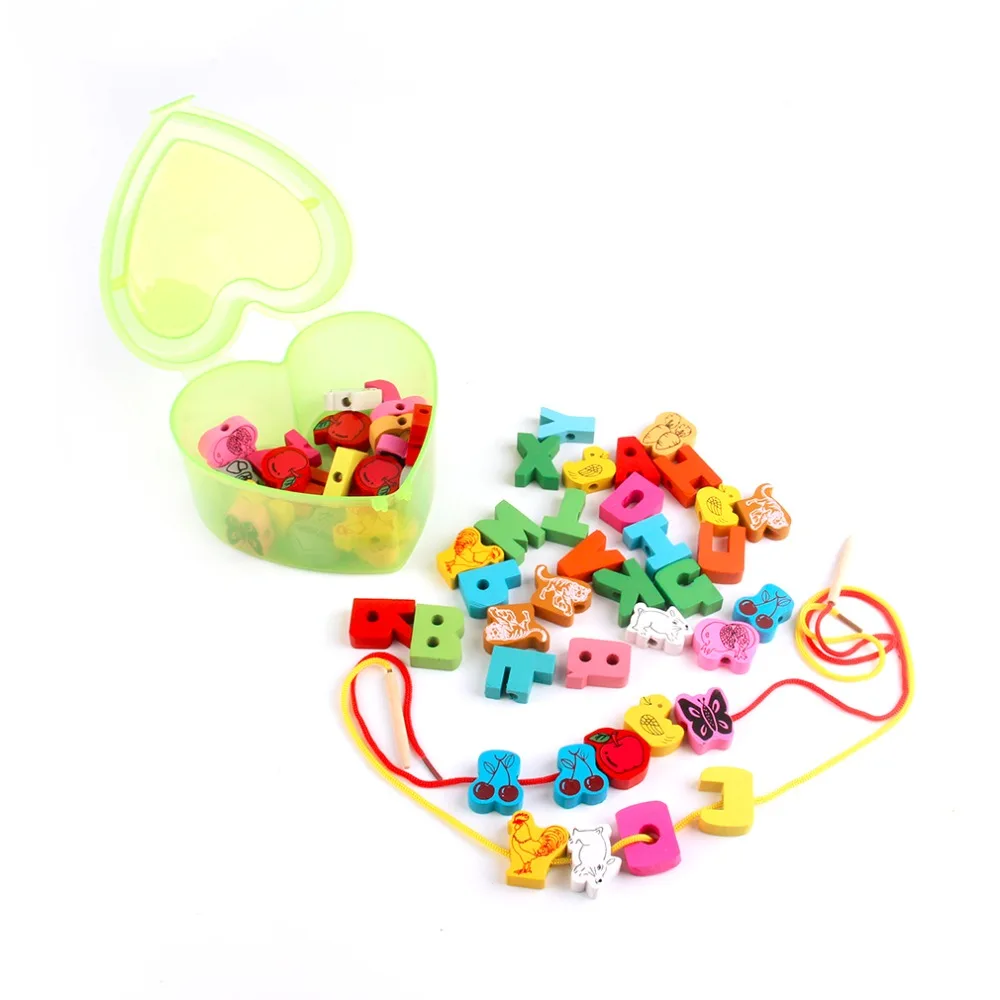 

60pcs/lot Baby Montessori Educational Wooden Toys Animals Blocks Stringing Threading Lace Beads Box Preschool Learn Toy for Kids