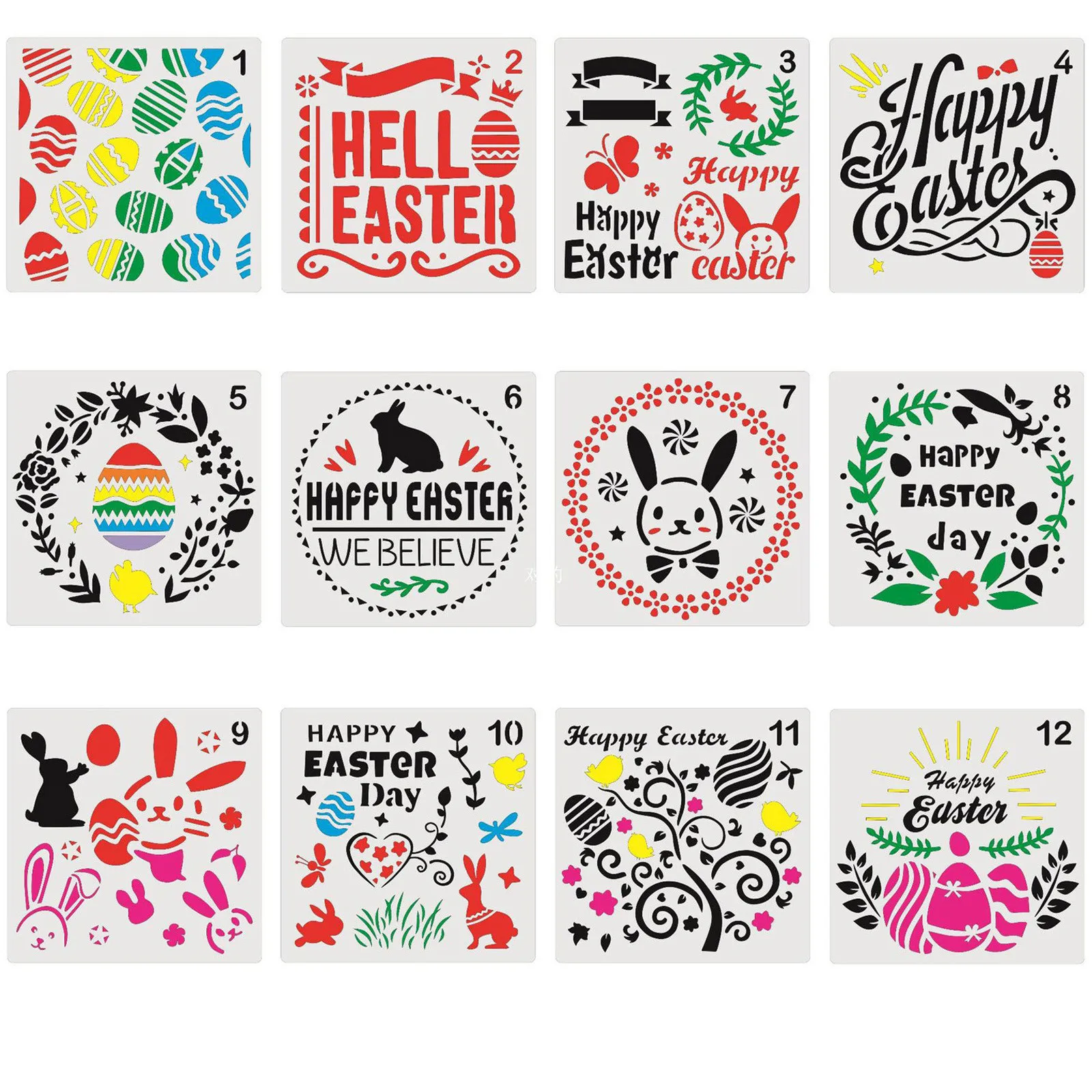 

12pcs Easter Mold Template Plastic Hollow Drawing Painting Relief Photo Album Decoration Template Scrapbook Coloring Relief