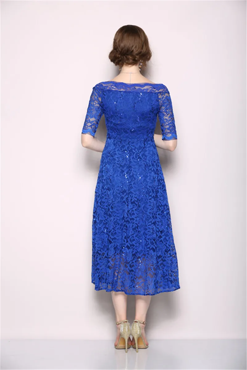 

Fashion Designer Women Summer Sexy Off Shoulder Sequins Lace Dress Elegant Office Party Robe Female Vintage Blue Dresses Vestido
