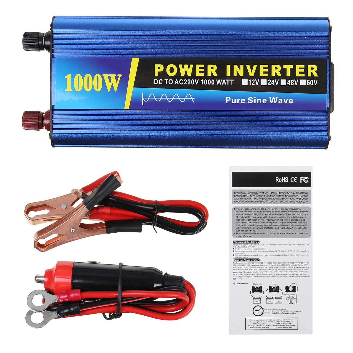 

Black 4Pcs/Set LED Display 1000W Pure Sine Wave Power Inverter 12V/ 24V/ 48V To 220V Con verter Transformer Power Supply