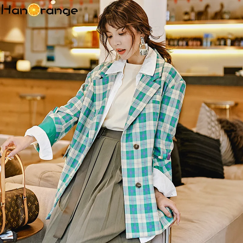 Женский Длинный блейзер в клетку зеленое клетчатое пальто с поясом элегантная