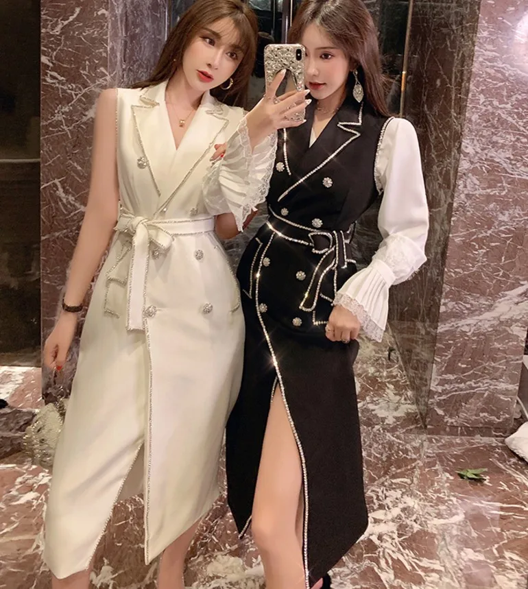 Fashion Autumn Celebrity Lady's Water Drilled Diamond Double-breasted Suit Dress Slim Shiny Women Blazer Dress