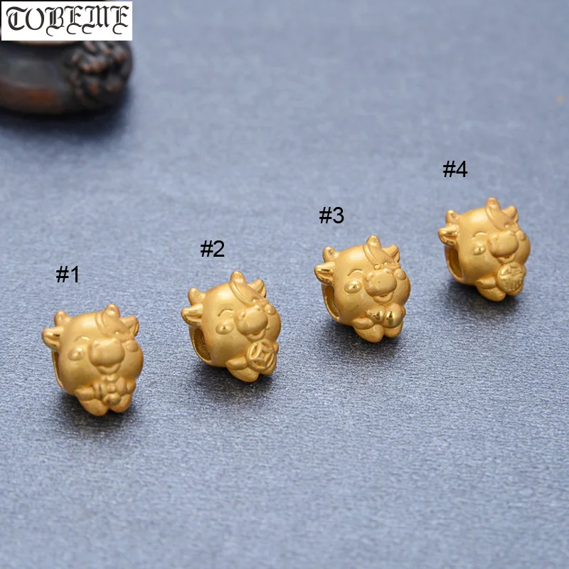 

3D 100% 999 серебро 24K позолоченный OX бусины Настоящее чистое серебро Lucky OX бусины Китайский Знак зодиака бык свободные бусины