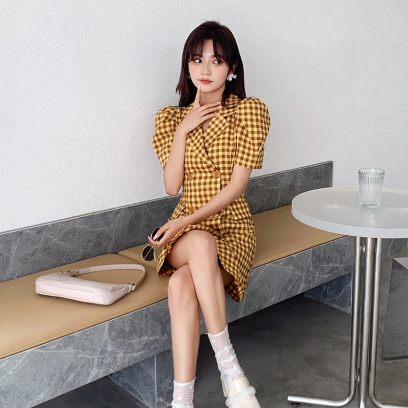 

XIZIHUPAN Vintage Plaid Dress For Women Notched Puff Short Sleeve High Waist A Line Mini Dresses Female 2021 Summer Fashion Tide