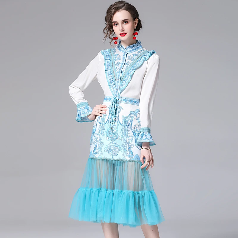 

Women's Two Pieces Clothing Set Spring Autumn Long Flare Sleeve Single Breasted Ruffle Blouse Shirt + Mesh Patchwork Skirts