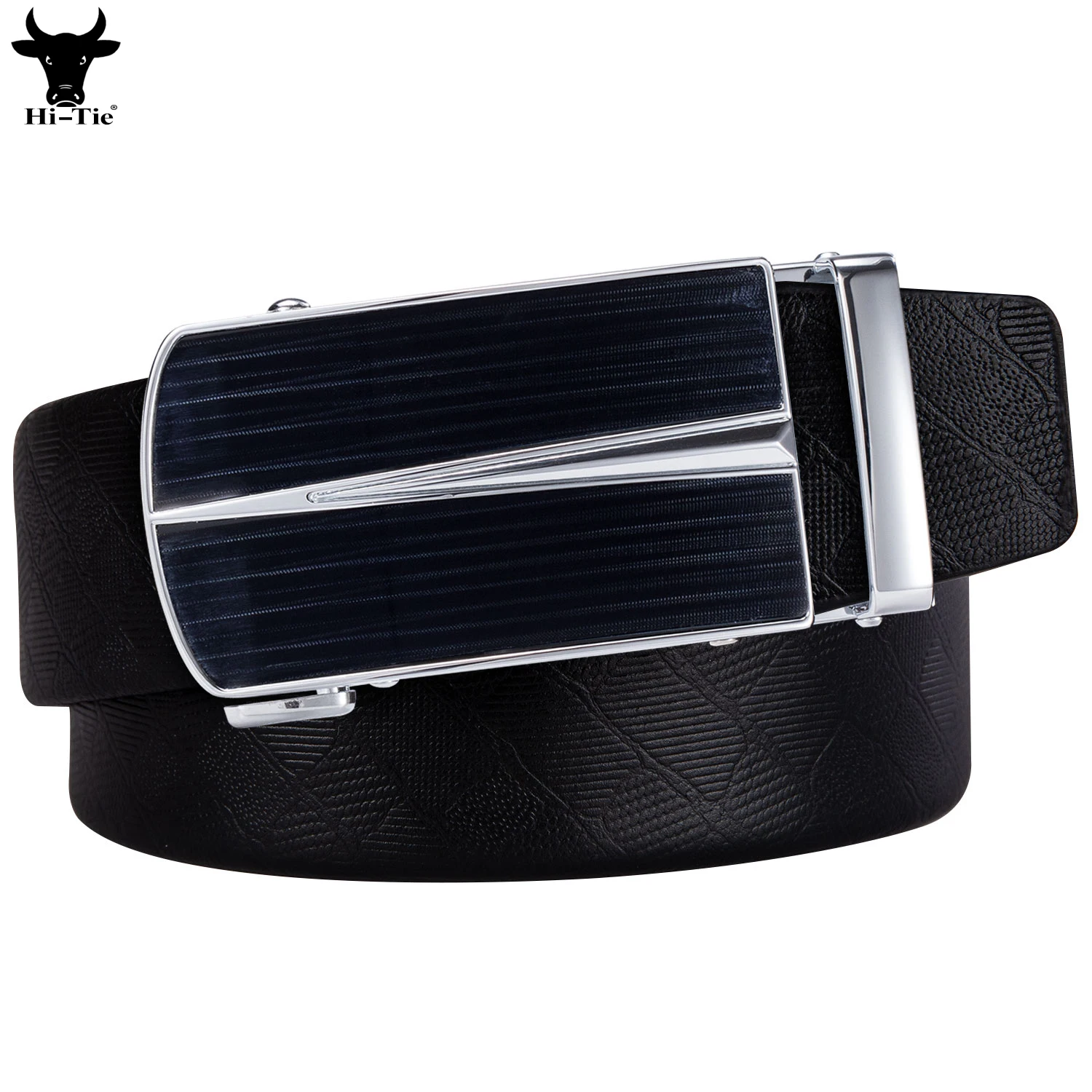 Hi-Tie Designer Black Genuine Leather Mens Belts Black Silver Automatic Buckles Ratchet Waistband Belt for Men Dress Jeans Gift