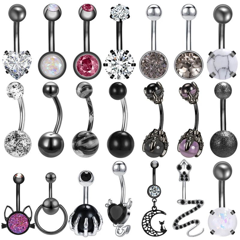 

AOEDEJ 14G Black Plated Belly Ring Stainless Steel Navel Piercing Crystal Belly Button Ring Opal Cute Cat Heart Shape Navel Ring