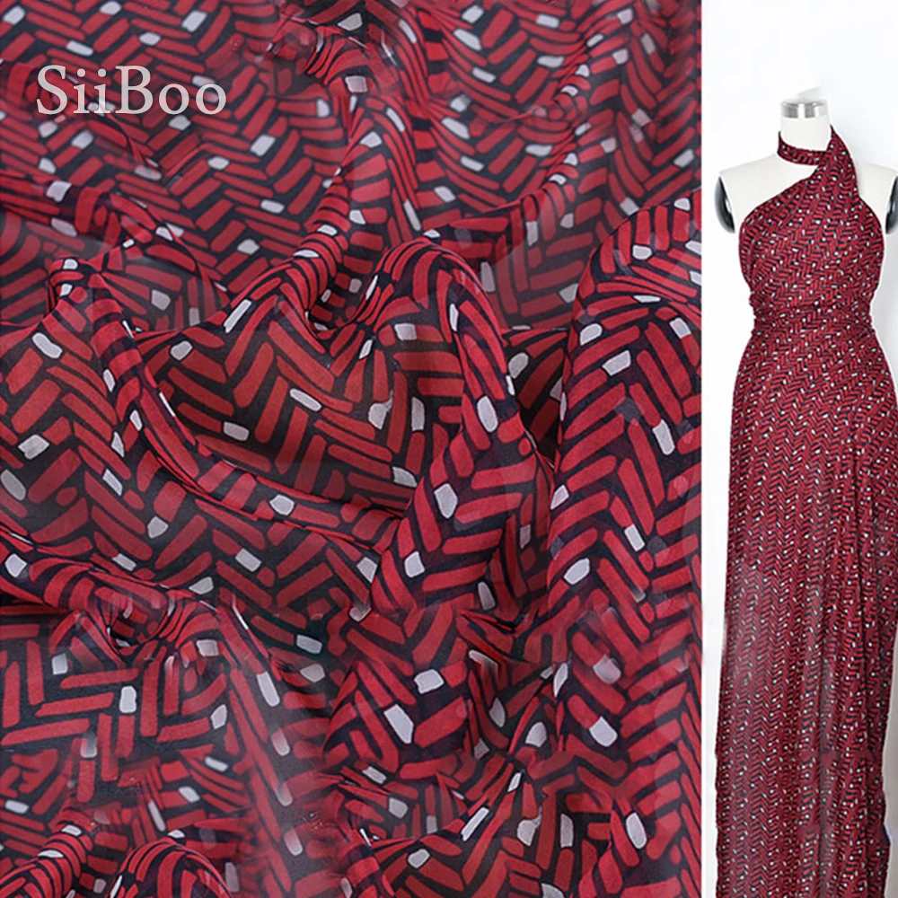 Американский стиль красный геометрический принт 100% натуральный шелк шифон ткань