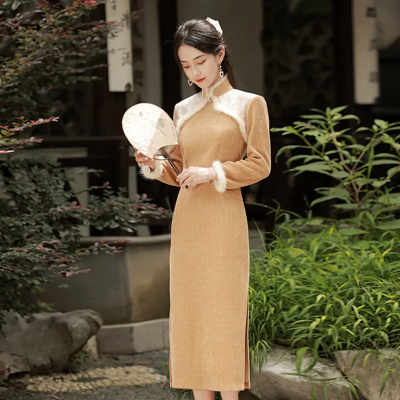 

Китайская традиционная Женская пикантная тонкая юбка-Ципао с длинным рукавом и воротником-стойкой