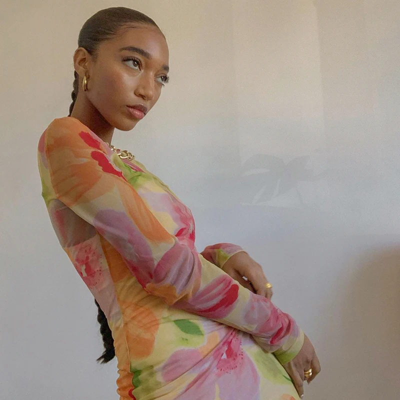 

CIBBAR Flower Print Mesh See Through Mini Dress Women Long Sleeve Sexy Bodycon Beach Short Dresses 2021 Fashion Party Clothing