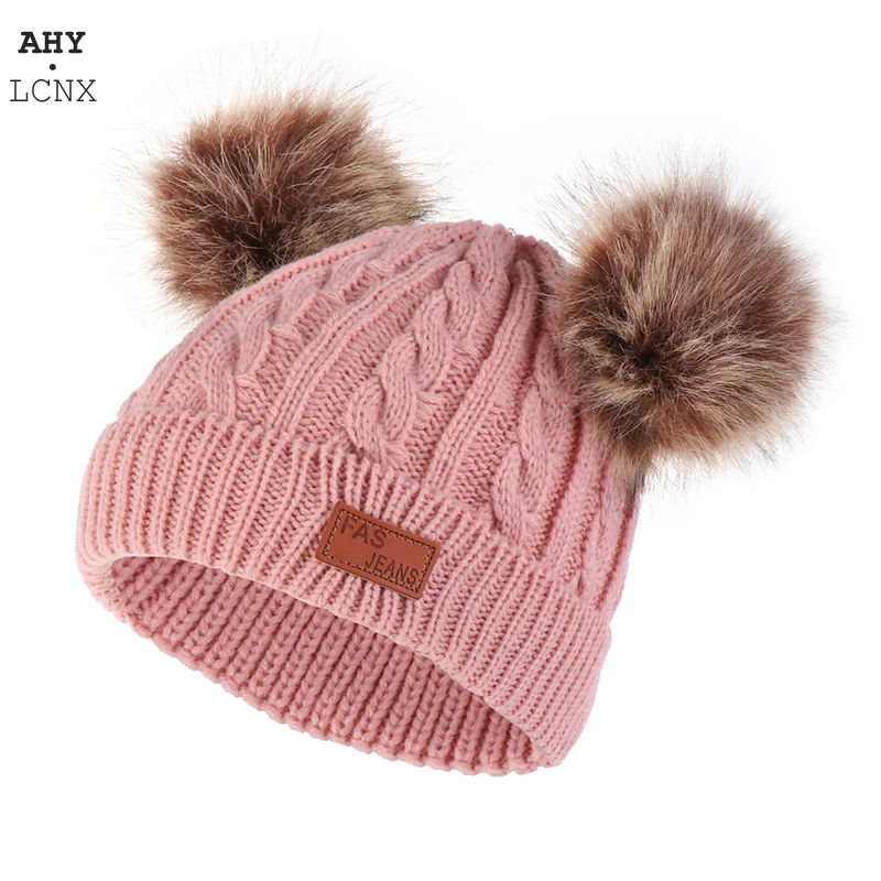 Зимняя детская вязаная шапка с двойным помпоном вязаные шерстяные детские шапки