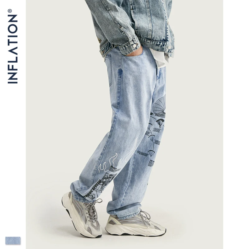 Инфляция модные Для мужчин s джинсы синего цвета с граффити графический принт