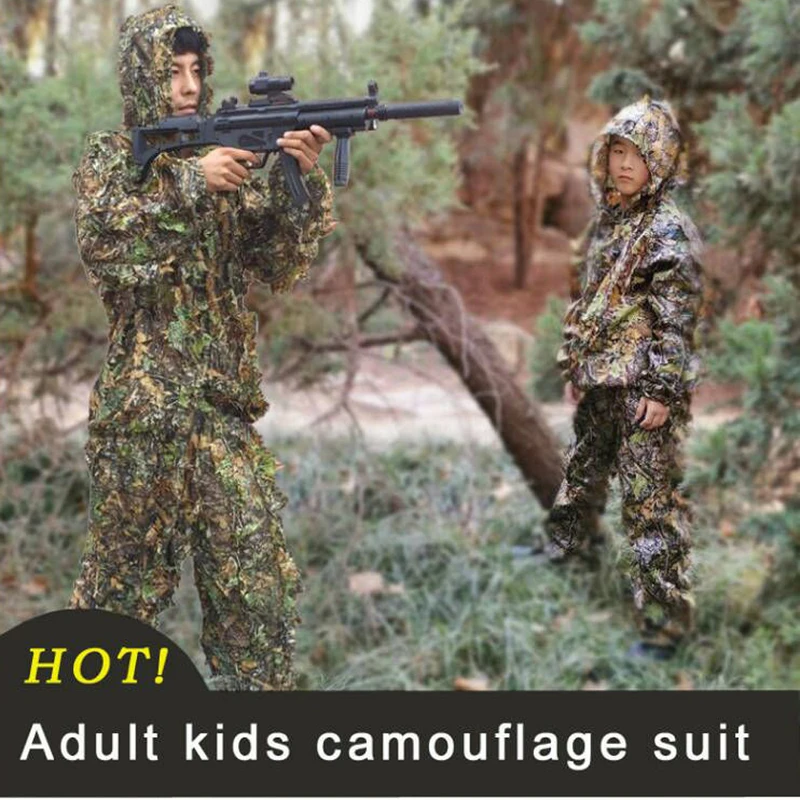 

Large Men Kids Hunting clothes Camouflage Clothing 3D maple leaf Bionic Ghillie Suits Yowie sniper birdwatch airsoft Camo suit