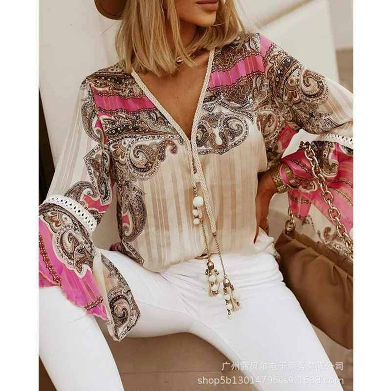 

WEPBEL Women's Lace Chiffon Print Shirt Top Ladies Elegant Long Flare Sleeve V Neck Loose Summer T-shirt Blouse