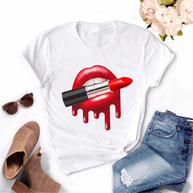 

T-shirt Femme noir estival et humoristique avec imprime de leopard levres Camiseta con estampado de beso de labios de Boca roja