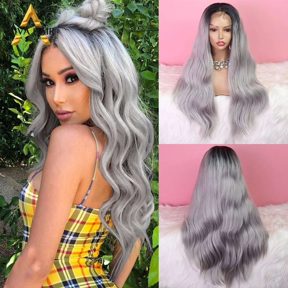 Aiva Heat Resistant Synthetic Lace Front Wig Glueless Body Wave Ombre Grey Wig Cosplay Half Black White Synthetic Wigs For Women